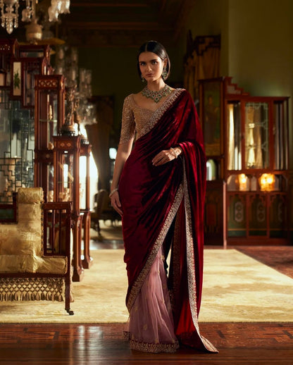 Designer velvet and net half and half saree for wedding