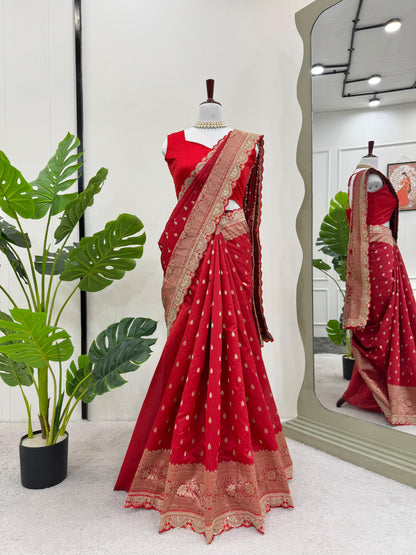 Deepika Padukone Inspired Red Kota silk Saree for wedding and reception