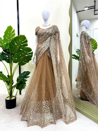 Designer Beige Shimmer net saree for dinner