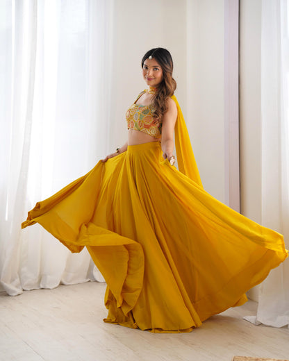 Prestitched flared  Haldi wear lehenga for wedding