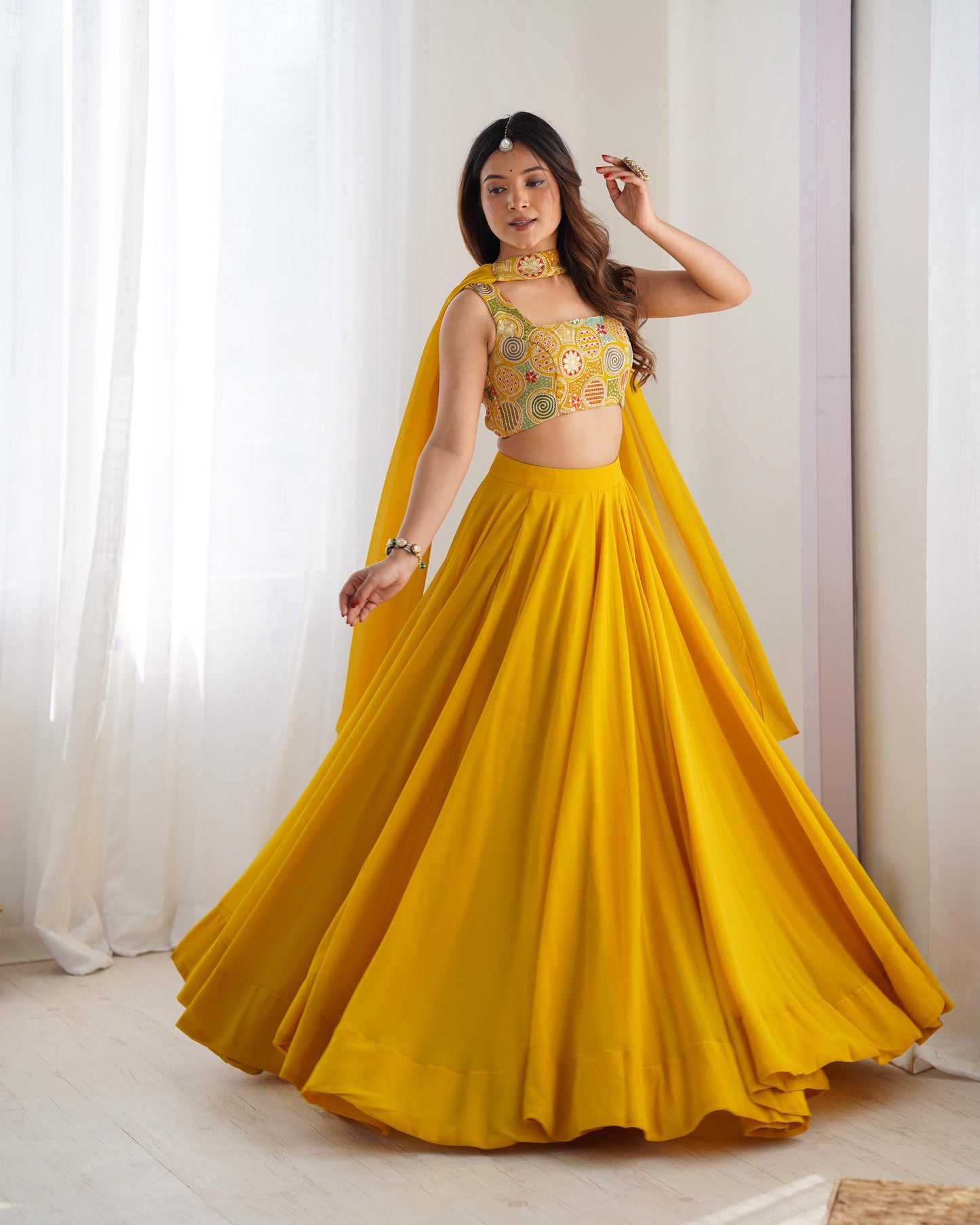 Prestitched flared  Haldi wear lehenga for wedding