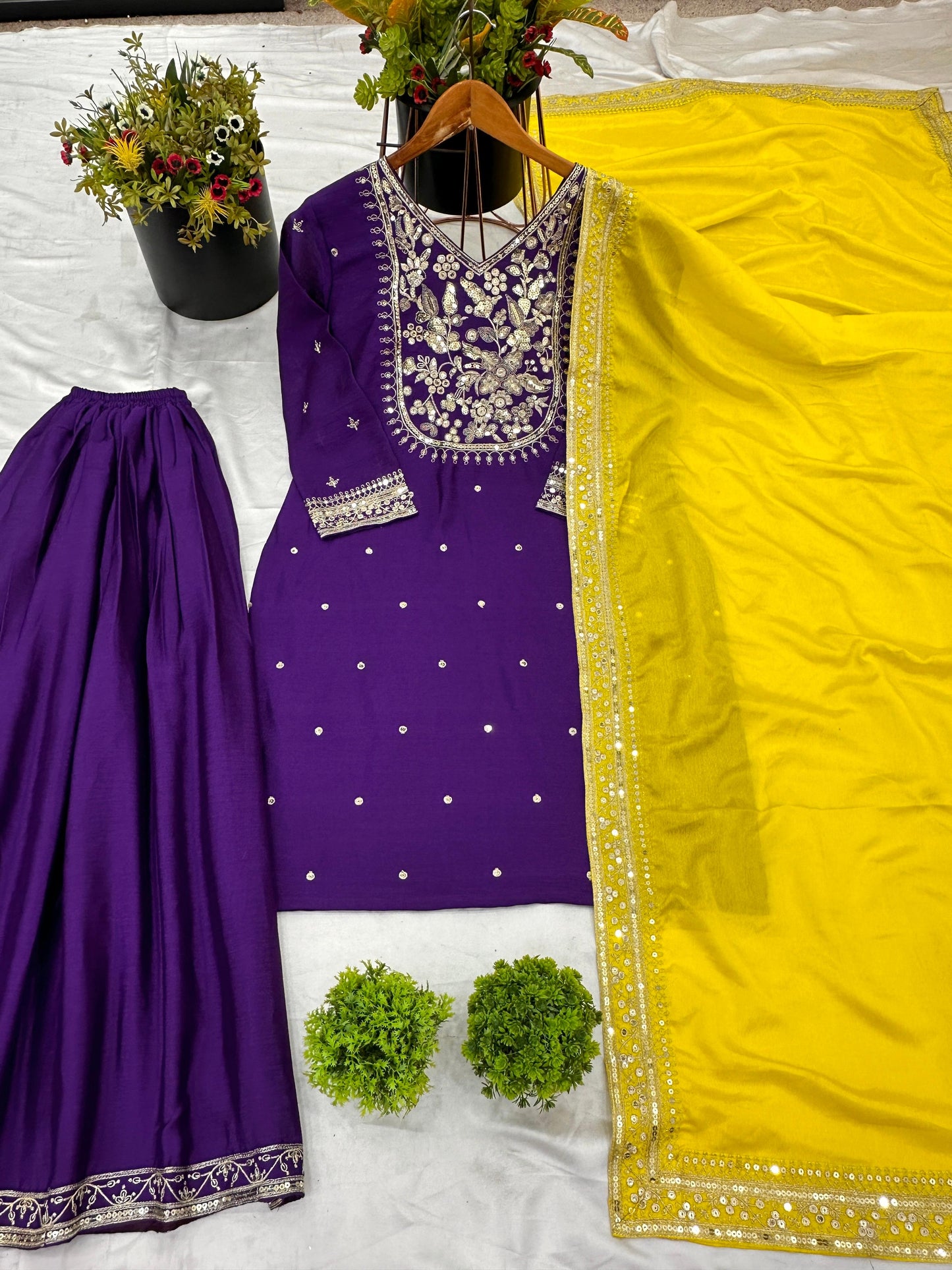 Ready to wear purple kurta palazo with contrast Dupatta set for wedding