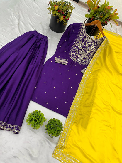 Ready to wear purple kurta palazo with contrast Dupatta set for wedding