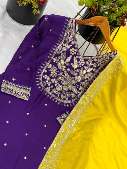 Ready to wear purple kurta palazo with contrast Dupatta set for wedding