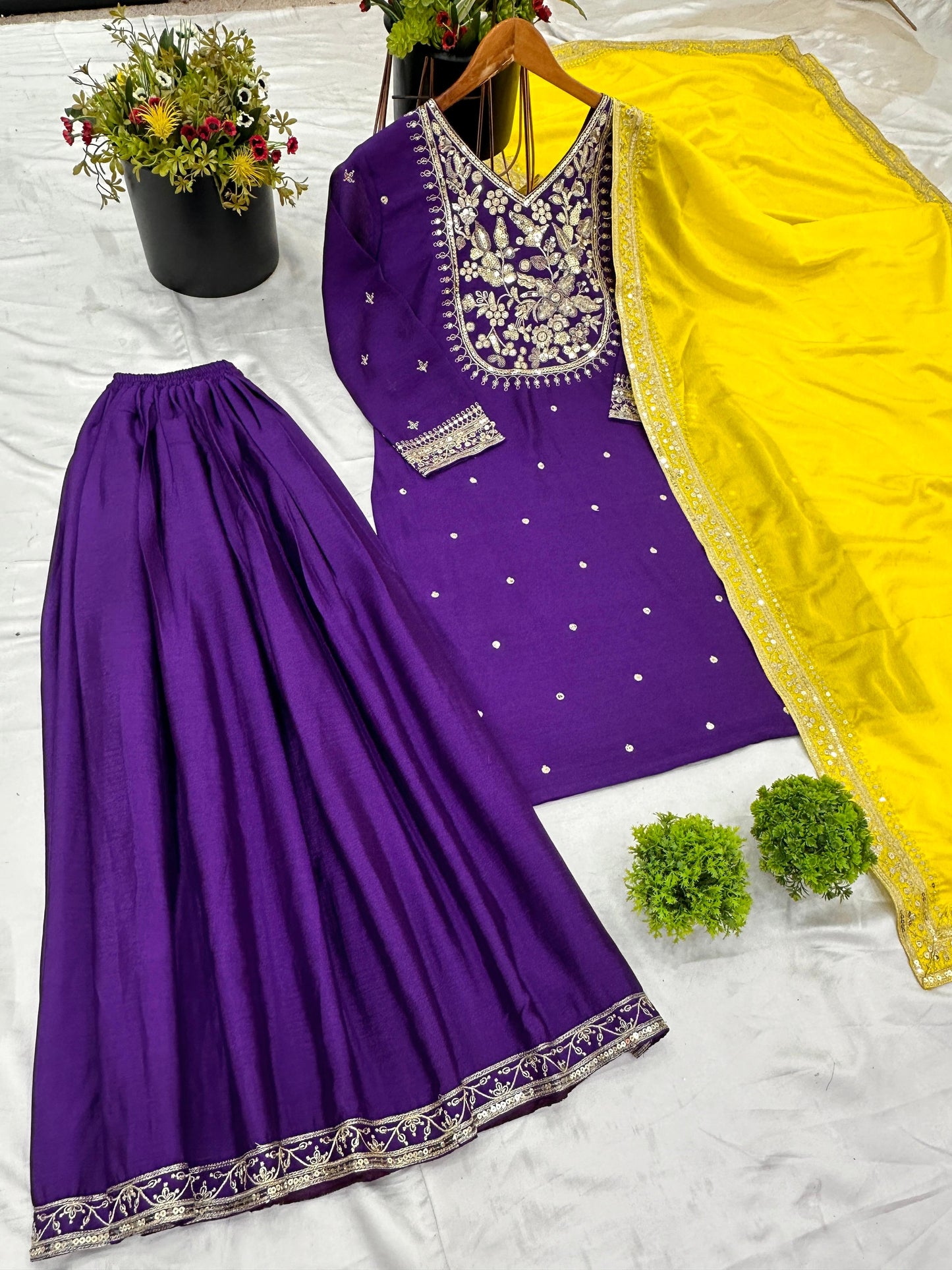 Ready to wear purple kurta palazo with contrast Dupatta set for wedding