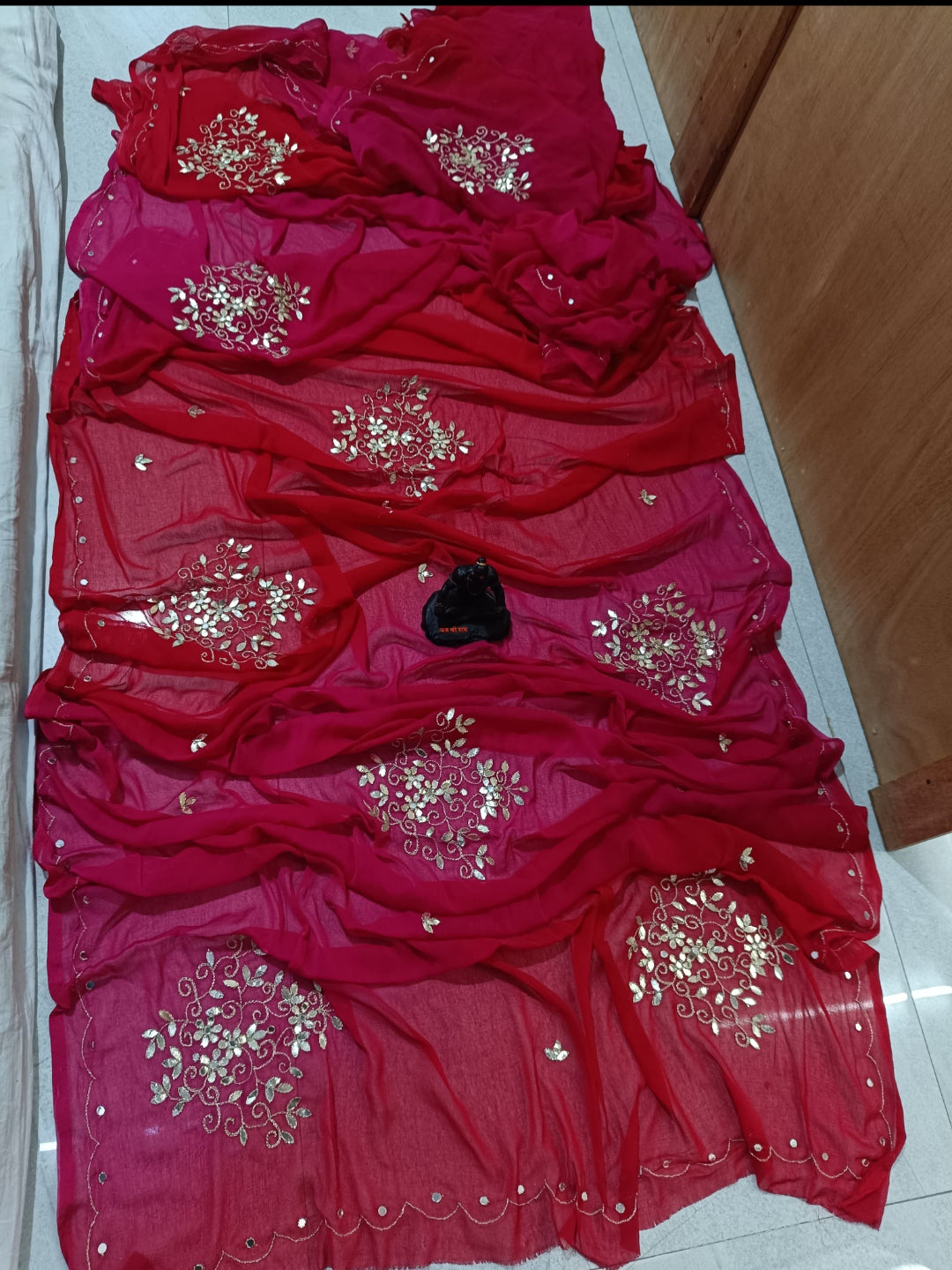 Colour blocked gota work embellished Chiffon Saree