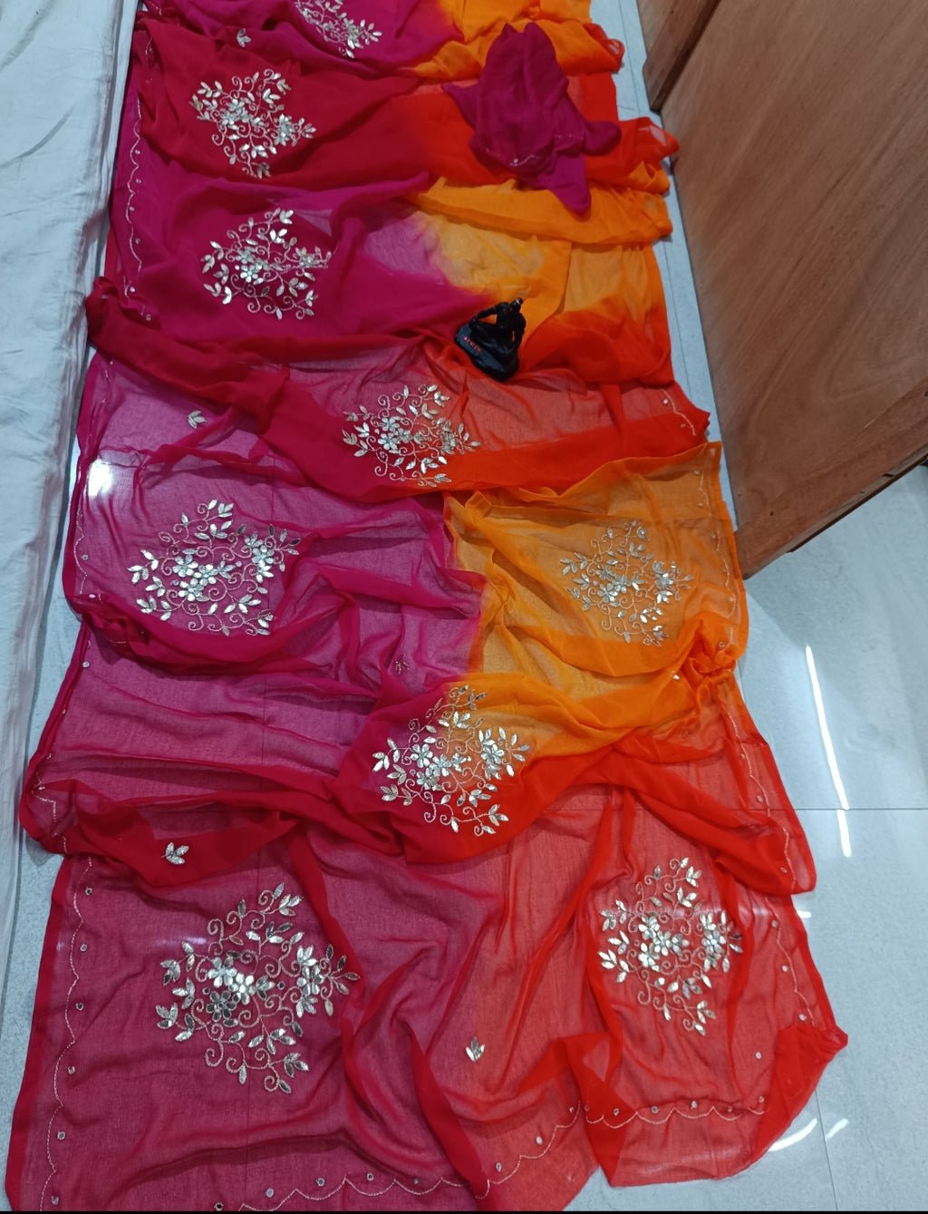 Colour blocked gota work embellished Chiffon Saree
