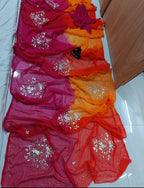 Colour blocked gota work embellished Chiffon Saree