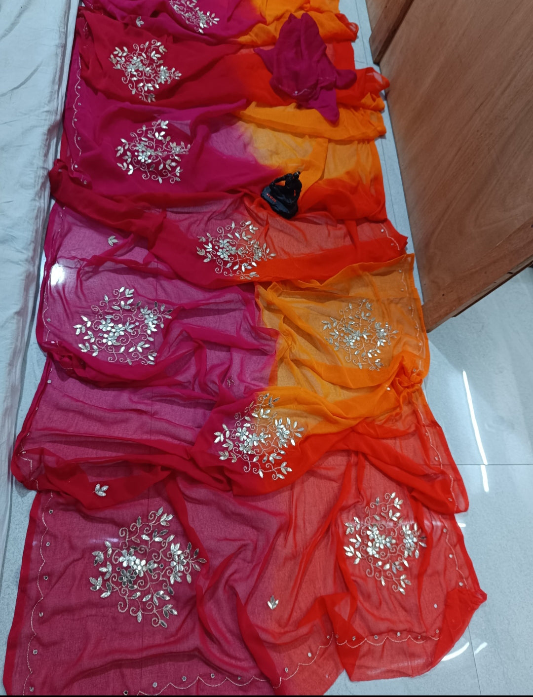 Colour blocked gota work embellished Chiffon Saree