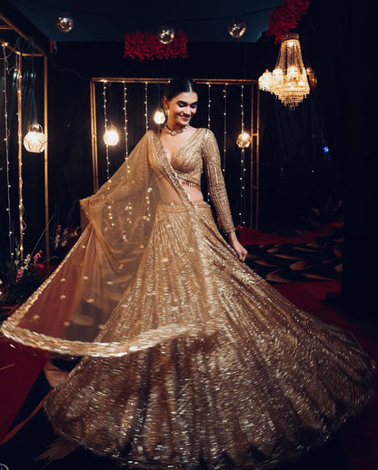 Sabyasachi Inspired Golden Shimmer Sequin lehenga set for women sure to impress all brides and bridesmaids