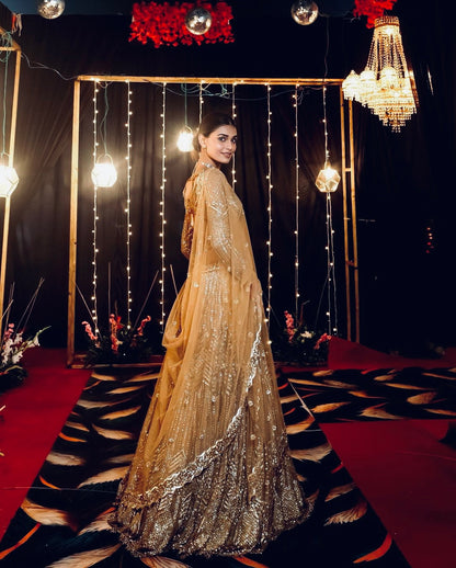 Sabyasachi Inspired Golden Shimmer Sequin lehenga set for women sure to impress all brides and bridesmaids