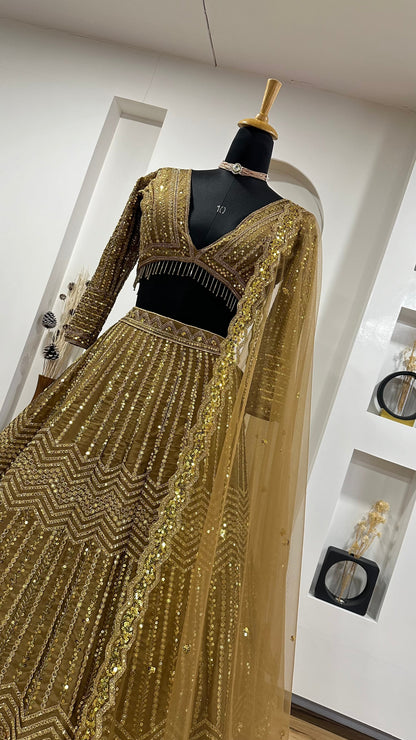 Sabyasachi Inspired Golden Shimmer Sequin lehenga set for women sure to impress all brides and bridesmaids