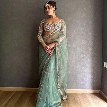 Celebrity Influencer style Organza Saree with pearl work for wedding