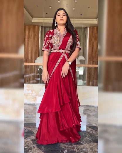 Red Indo western Ready to wear lehenga saree with belt