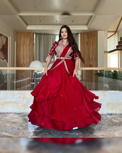 Red Indo western Ready to wear lehenga saree with belt