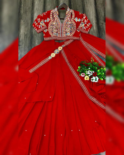 Red Indo western Ready to wear lehenga saree with belt