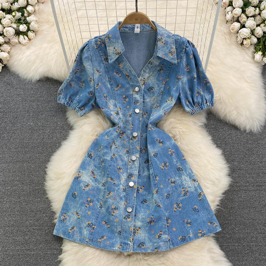 Keira Lapel Floral Denim Dress - 24th Spoke