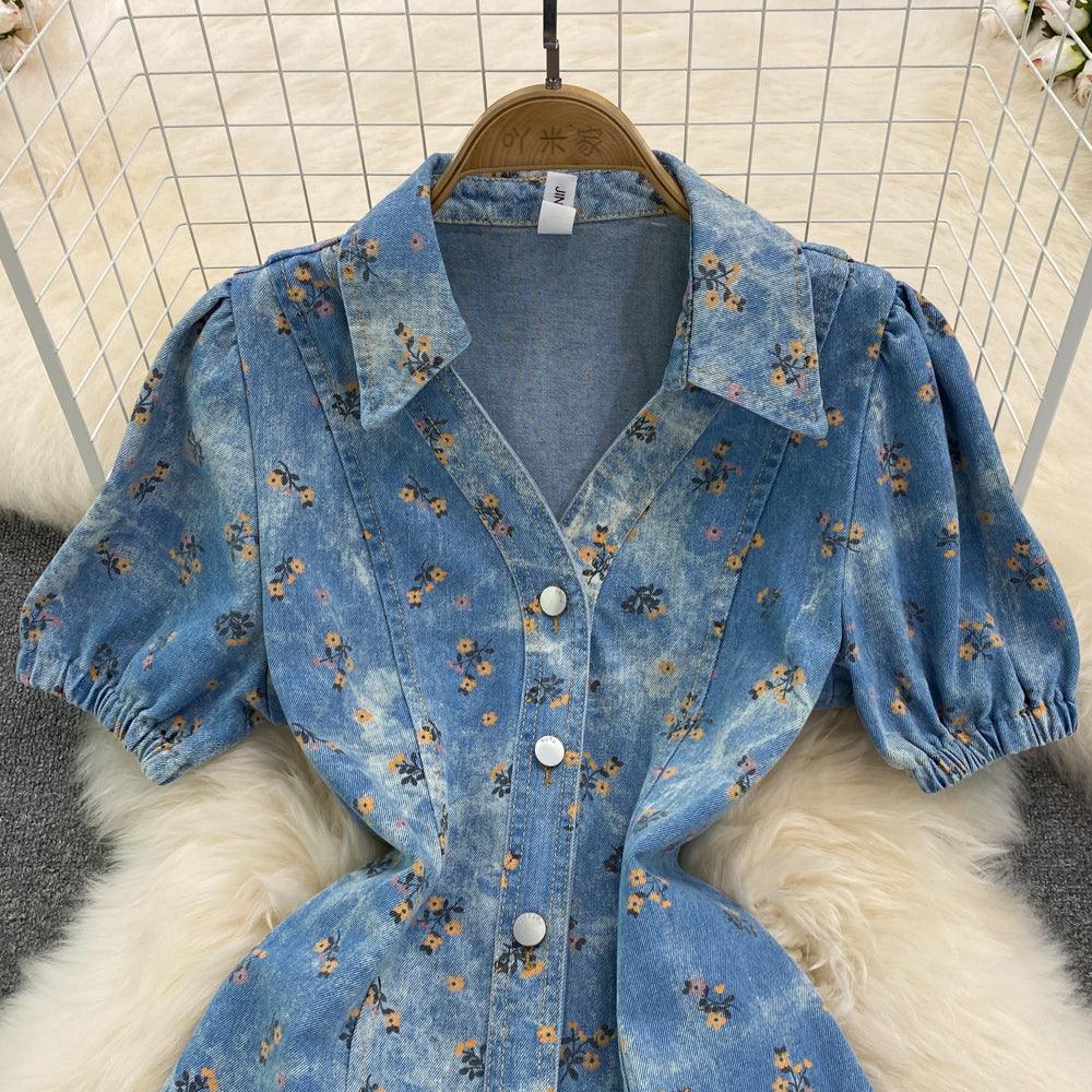 Keira Lapel Floral Denim Dress - 24th Spoke