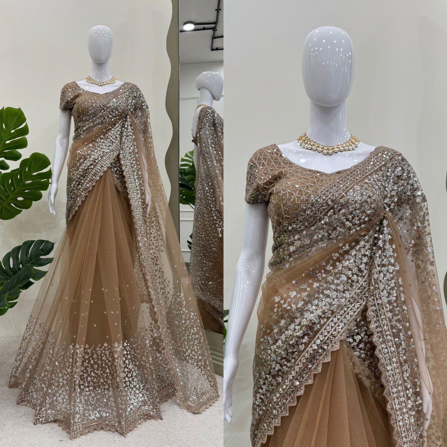 Designer Beige Shimmer net saree for dinner