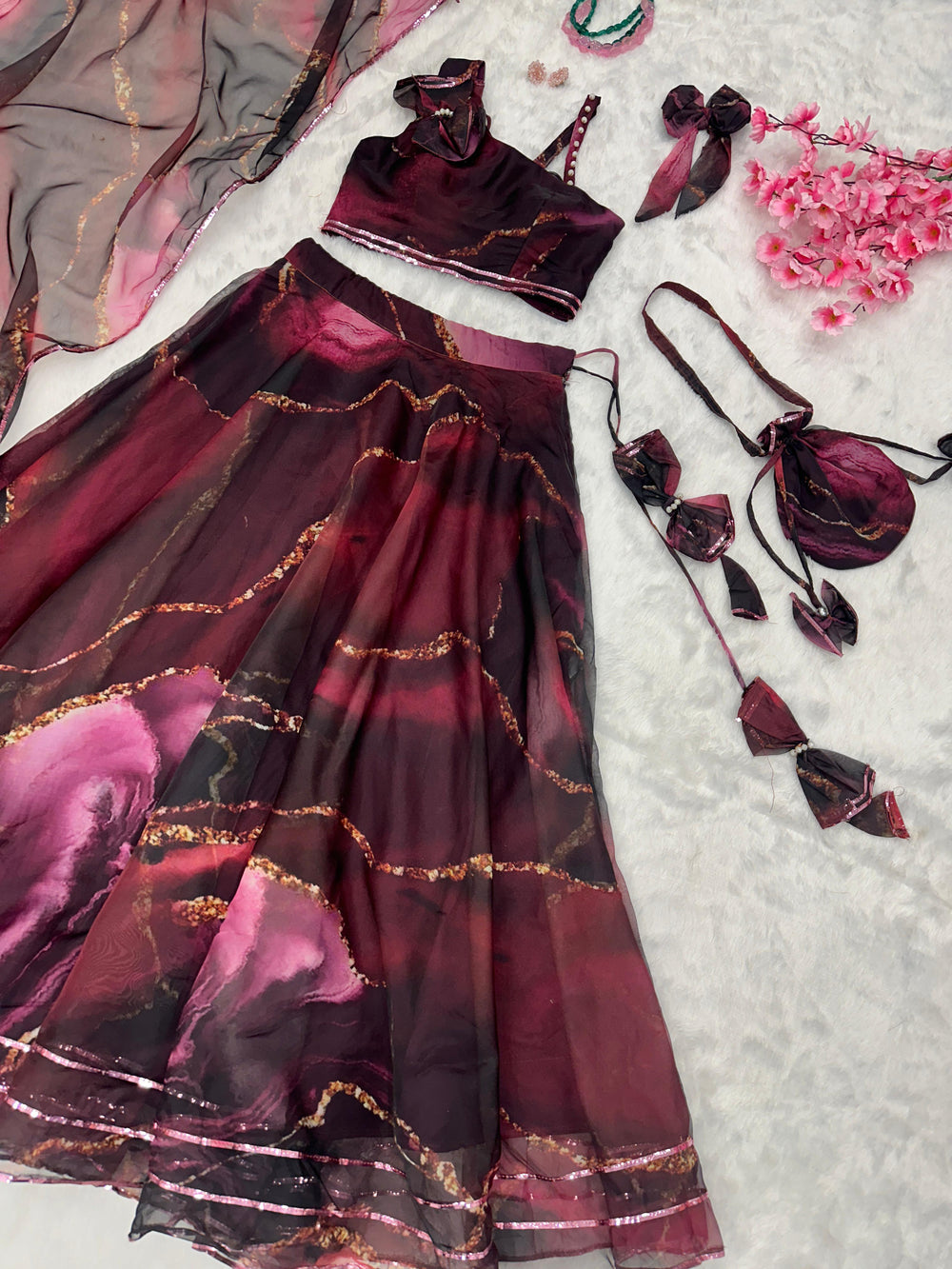 Designer Wine Organza ready to wear lehenga set for party and wedding