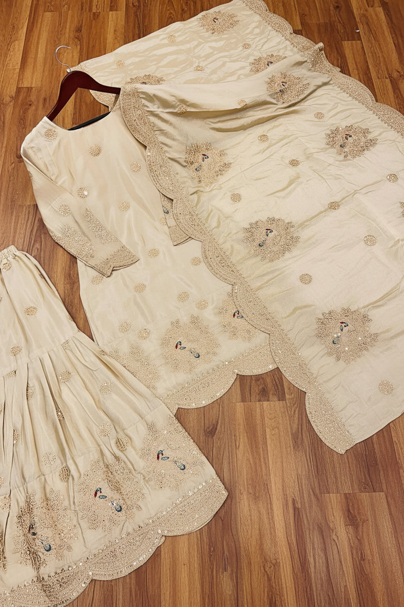 Cream Colour Full Stitched sharara suit set