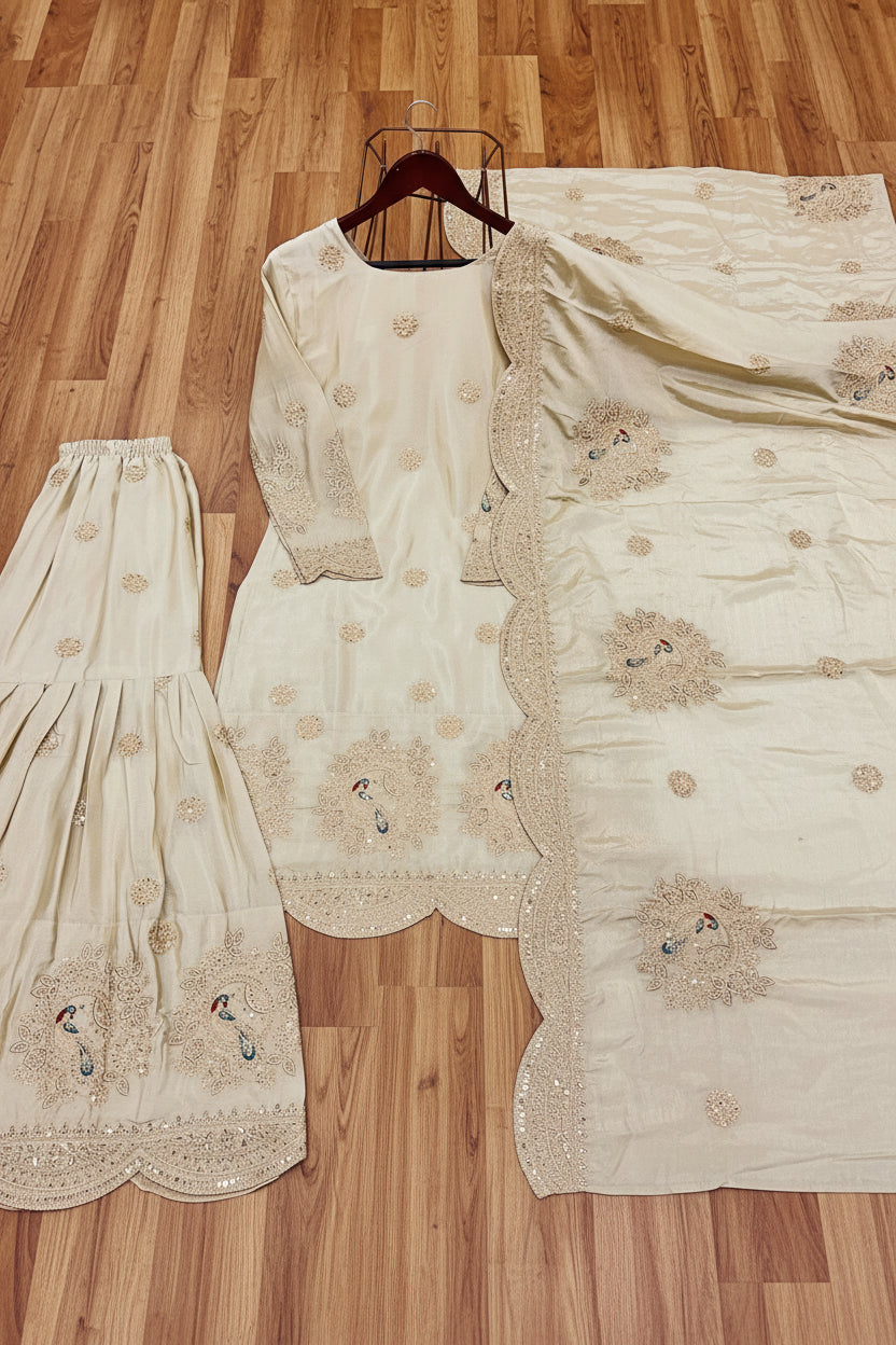 Cream Colour Full Stitched sharara suit set