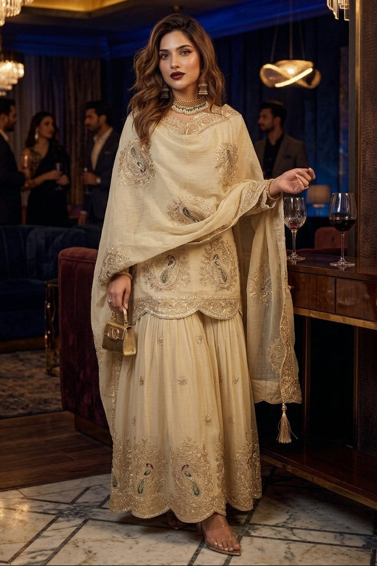 Cream Colour Full Stitched sharara suit set