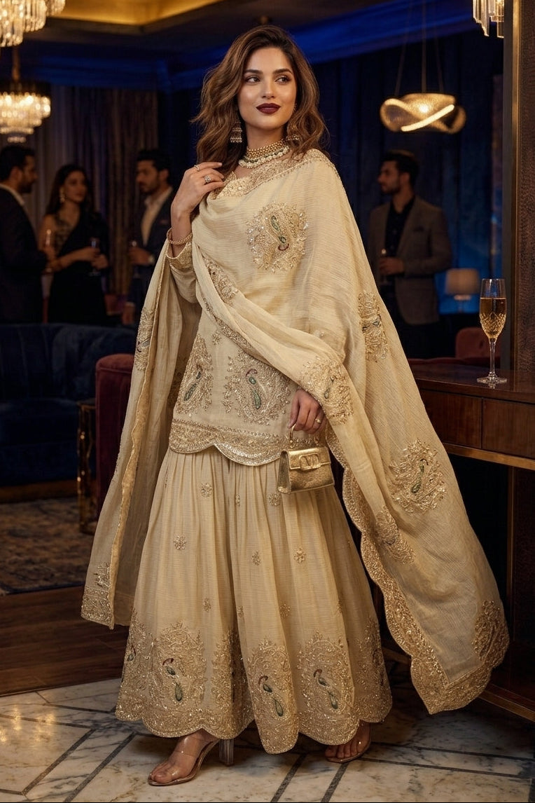 Cream Colour Full Stitched sharara suit set