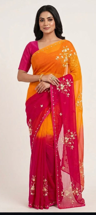 Colour blocked gota work embellished Chiffon Saree