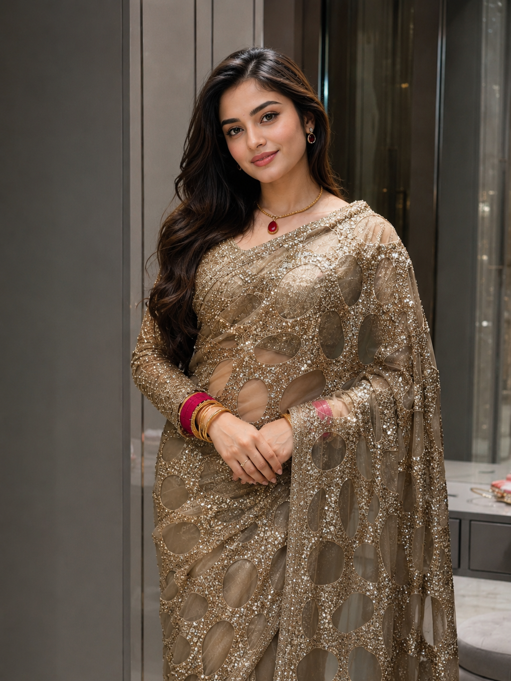 Classic Instagram Trending Golden Sequine saree for party and cocktail look