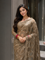 Classic Instagram Trending Golden Sequine saree for party and cocktail look