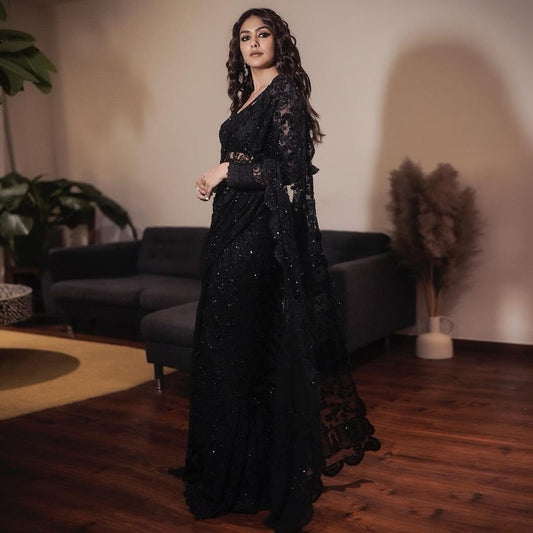 Mrunal thakur black net saree, wedding and party wear Sequin saree