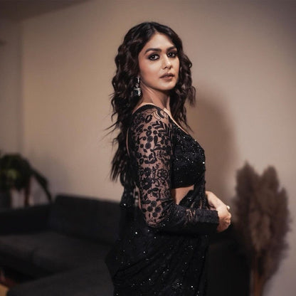 Mrunal thakur black net saree, wedding and party wear Sequin saree