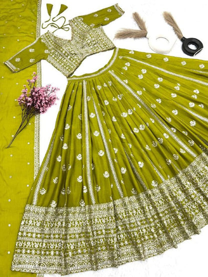 Green lehenga set for bride and bridesmaids for Mehandi, wedding party