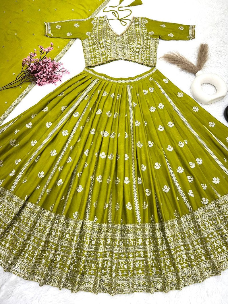 Green lehenga set for bride and bridesmaids for Mehandi, wedding party