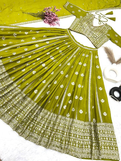 Green lehenga set for bride and bridesmaids for Mehandi, wedding party