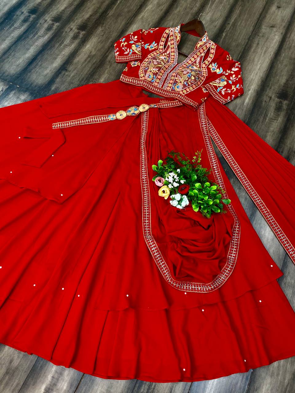 Red Indo western Ready to wear lehenga saree with belt