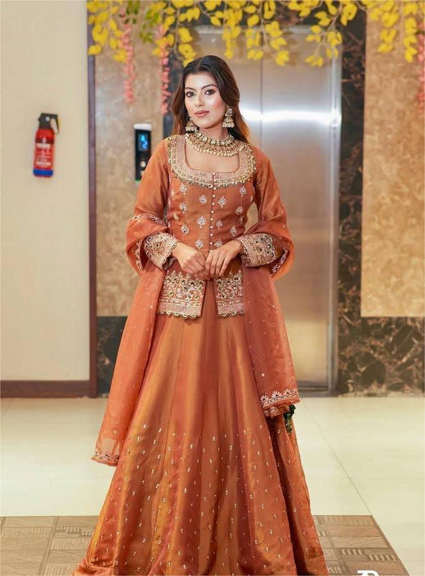 Designer Rust orange and pink Kurti with lehenga set