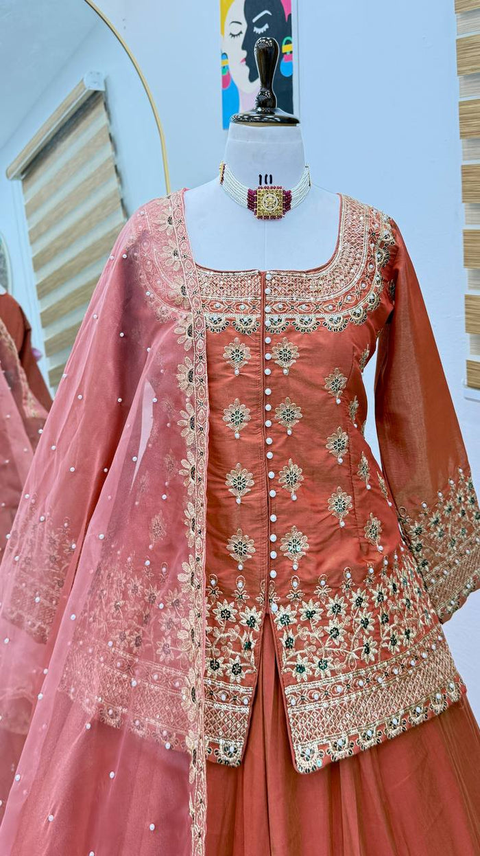 Designer Rust orange and pink Kurti with lehenga set