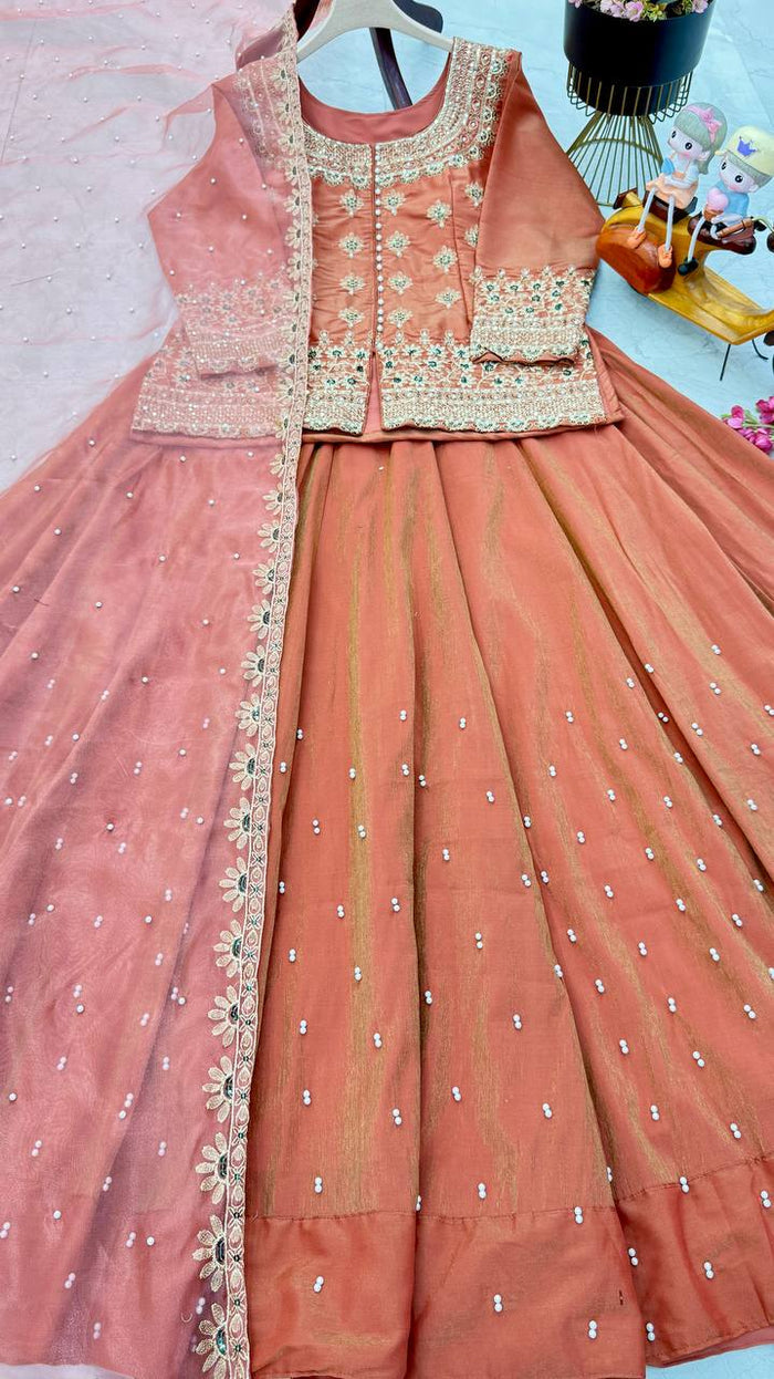 Designer Rust orange and pink Kurti with lehenga set
