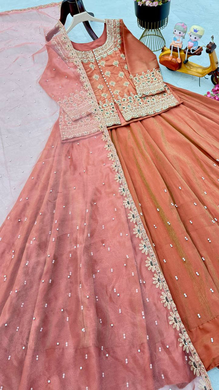 Designer Rust orange and pink Kurti with lehenga set