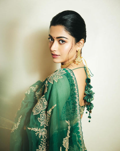 Bollywood Celebrity Rashmika Mandana Green Organza Saree