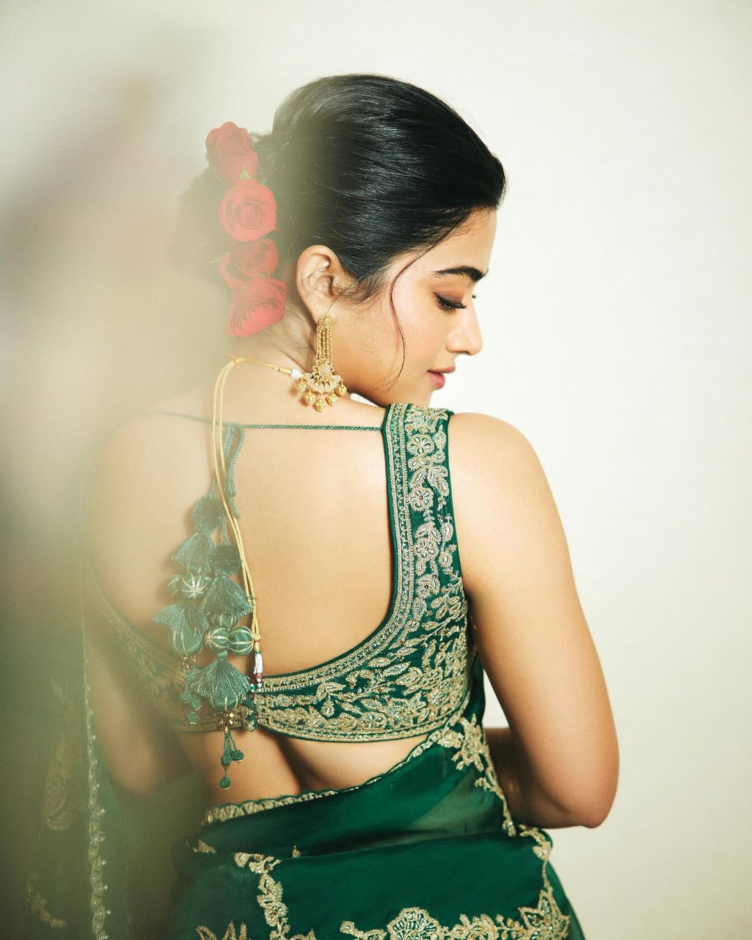 Bollywood Celebrity Rashmika Mandana Green Organza Saree