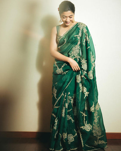 Bollywood Celebrity Rashmika Mandana Green Organza Saree