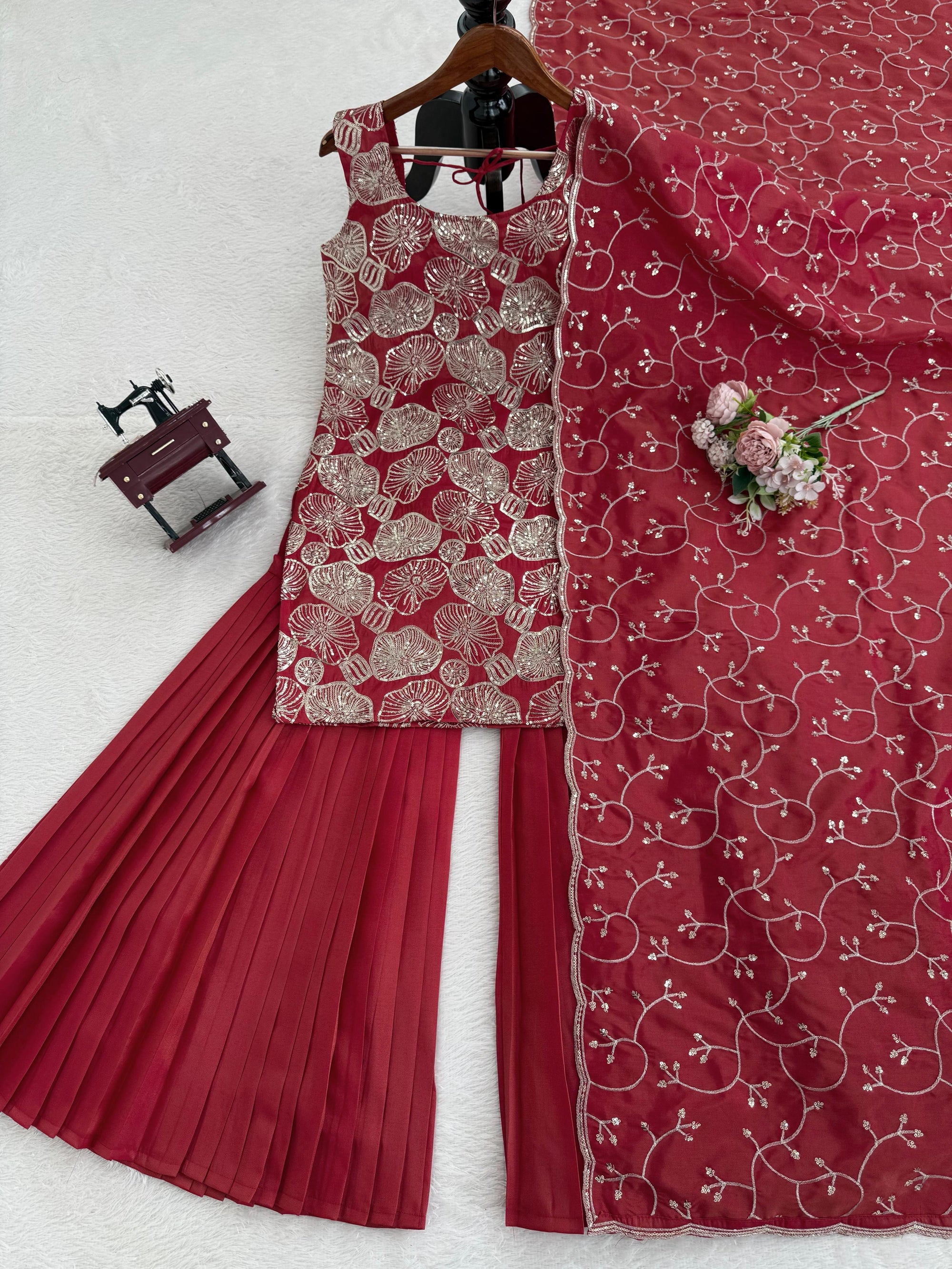 Beautiful Brick Red Rust Colour Readymade sharara set for Festive and Wedding