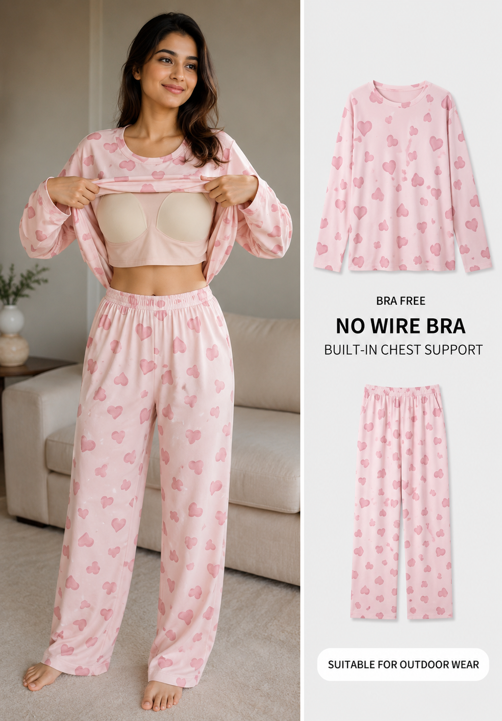 Built-in Bra Padded Nightwear for Women - Cotton Pajama Set