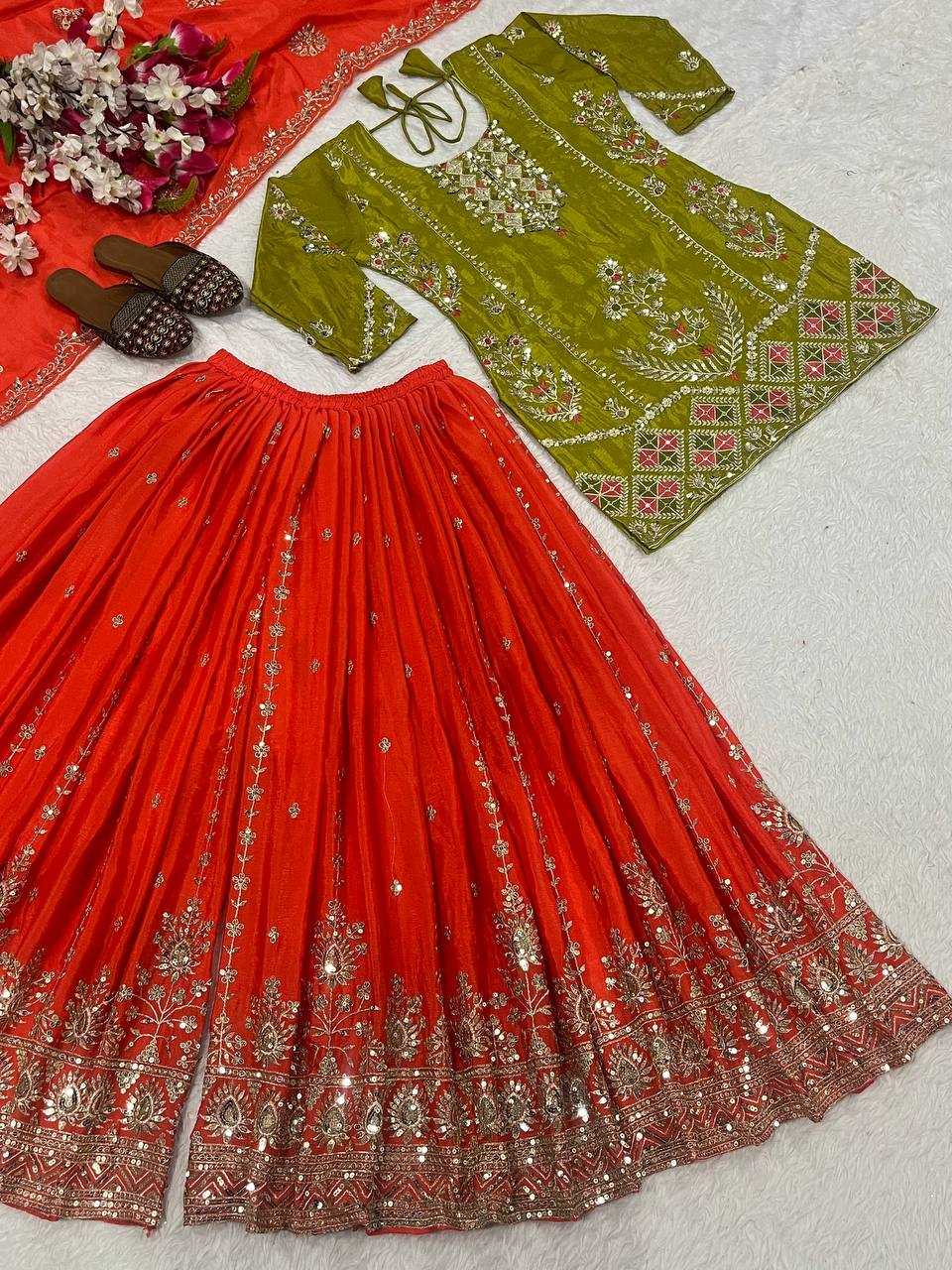 Orange & Green Full stitched kurta with flared sharara set for haldi and mehndi function and festivals
