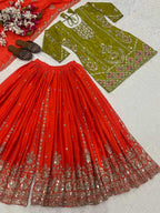 Orange & Green Full stitched kurta with flared sharara set for haldi and mehndi function and festivals