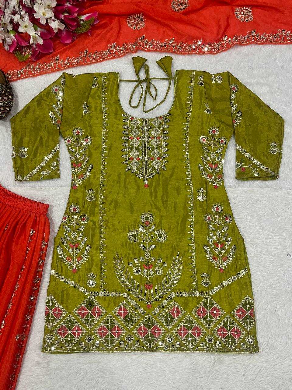 Orange & Green Full stitched kurta with flared sharara set for haldi and mehndi function and festivals