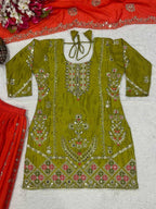 Orange & Green Full stitched kurta with flared sharara set for haldi and mehndi function and festivals
